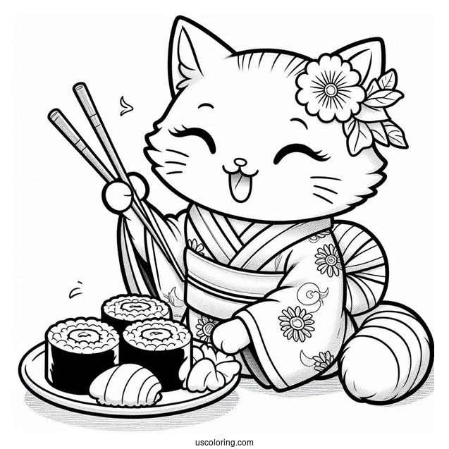 Happy Cat In A Yukata Eating Sushi Coloring Page For Kids
