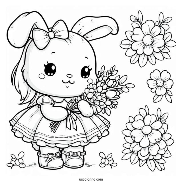 Adorable Bunny In A Dress With A Flower Bouquet In Spring Coloring Sheet