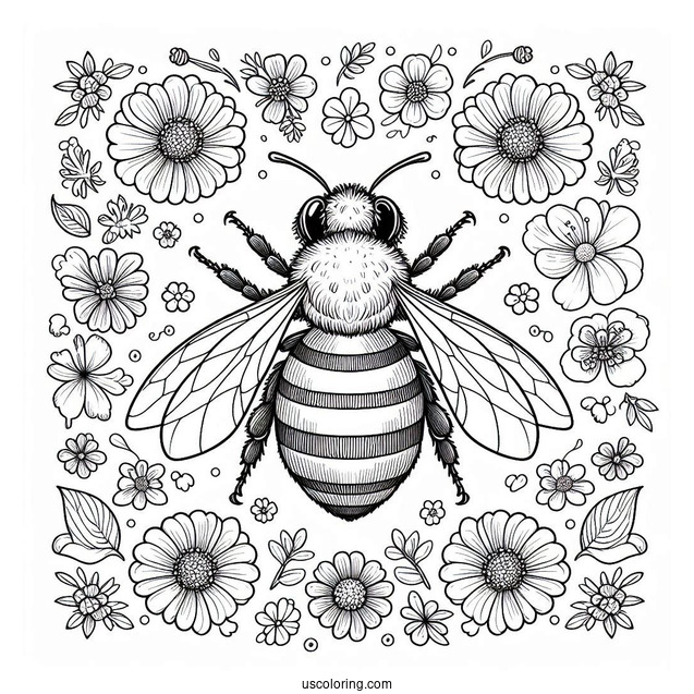 Top View of Bee Coloring Page Surrounded By Flowers