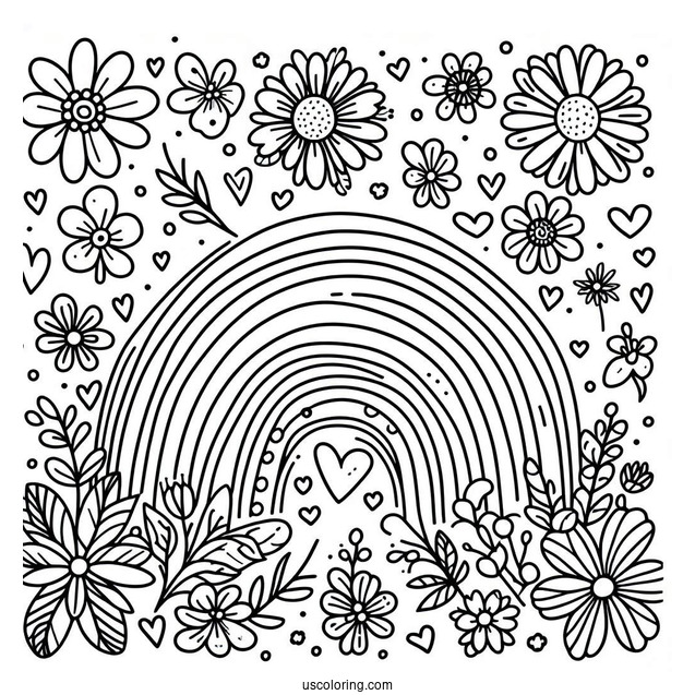Spring Coloring Page Rainbow With Flowers For Preschoolers