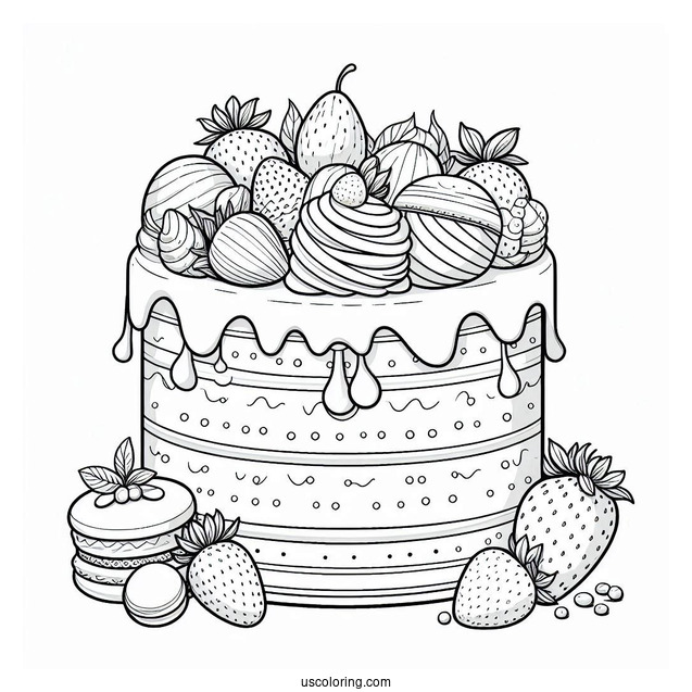 Cake With Maracons And Strawberries