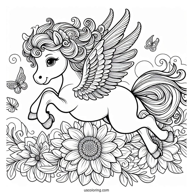 Baby Pegasus Coloring Page Leaping Over Flower Mandala