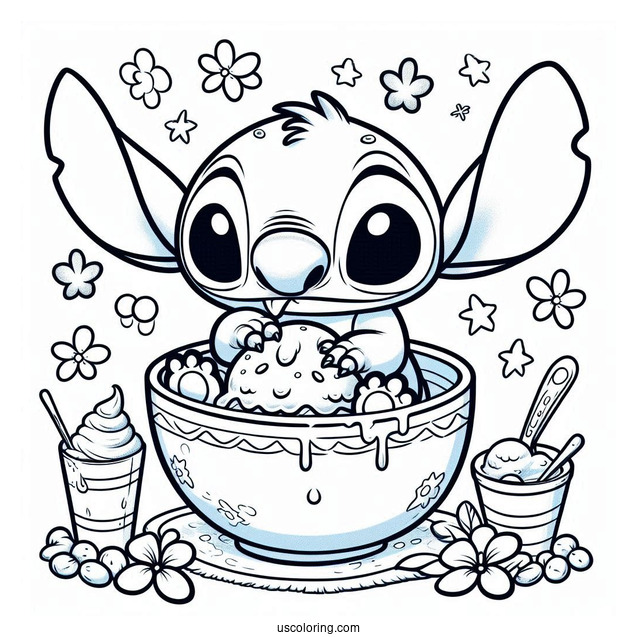 Stitch Playing In a Bowl Of Ice Cream To Color