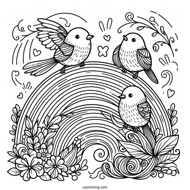 Tiny Birds Perched On Top Of A Rainbow