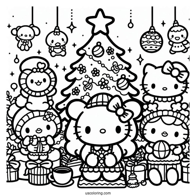Sanrio Coloring Pages Of Friends Decorating Christmas Tree