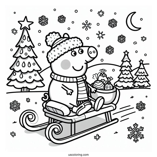 George Pig Riding Sleigh In Winter To Color