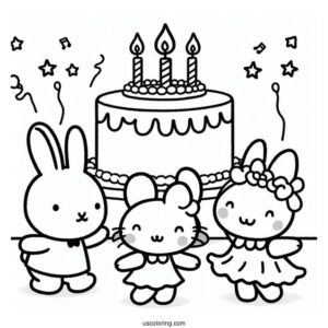 Miffy Coloring Page Of Melanie, And Poppy Pig Dancing In Front Of Birthday Cake