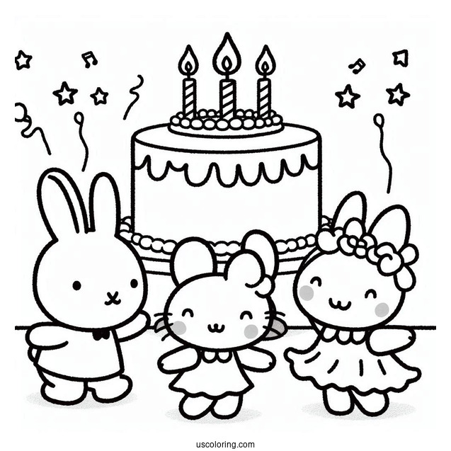 Miffy Coloring Page Of Melanie, And Poppy Pig Dancing In Front Of Birthday Cake