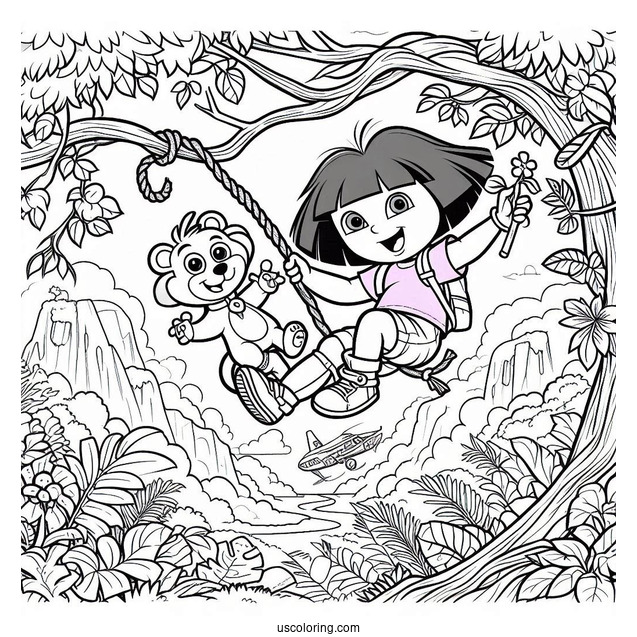 Dora And Boots Swinging From Vine With Swiper_
