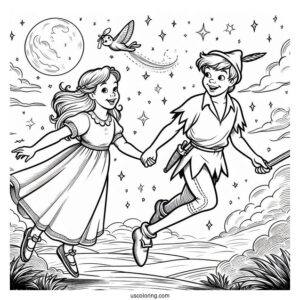 Peter Pan Taking Wendy To Neverland Coloring Sheet