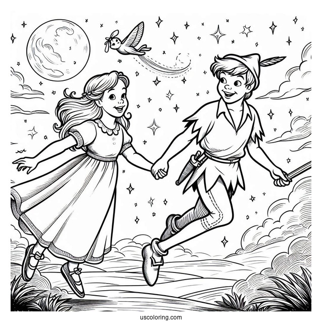 Peter Pan Taking Wendy To Neverland Coloring Sheet