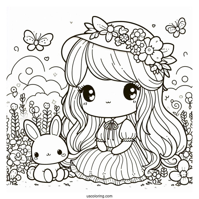 Kawaii Precious Moments Coloring Page Of Girl In Garden With Bunny For Kids