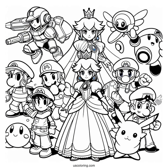 Super Smash Bros Coloring Page Of Princess Peach, Mega Man, Zelda, Samus, Mario, Kirby, Pikachu, And Ness