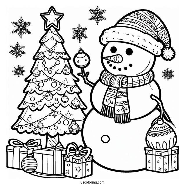 Coloring Page a Snowman Decorating a Christmas Tree