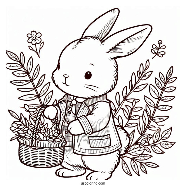 Cute Bunny Rabbit In A Jacket Carrying Basket Peter Rabbit Coloring Page For Preschoolers