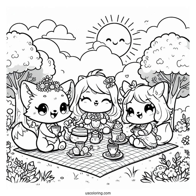 Chibi Coloring Page Tea Party in a Sunny Forest Meadow with Animal Friends