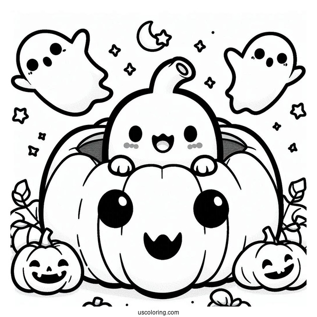 Pumpkin Coloring Page Of Chibi Ghosts Coming Out Of A Smiling Jack O Lantern