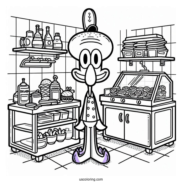 Squidward Coloring Page In The Krusty Krab Kitchen