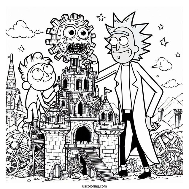 Jerry and Gearhead Building a Castle Rick and Morty Coloring Page
