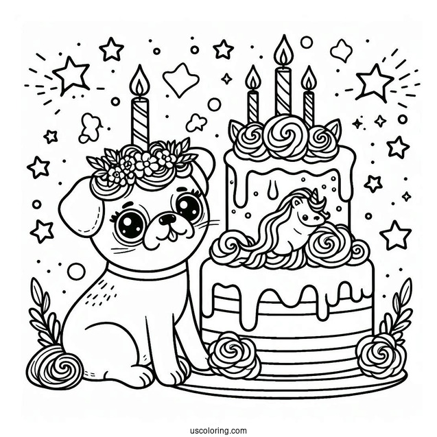 Unicorn Pug Themed Birthday Cake To Color