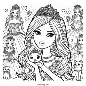 Princess Barbies With Cats Coloring Sheet