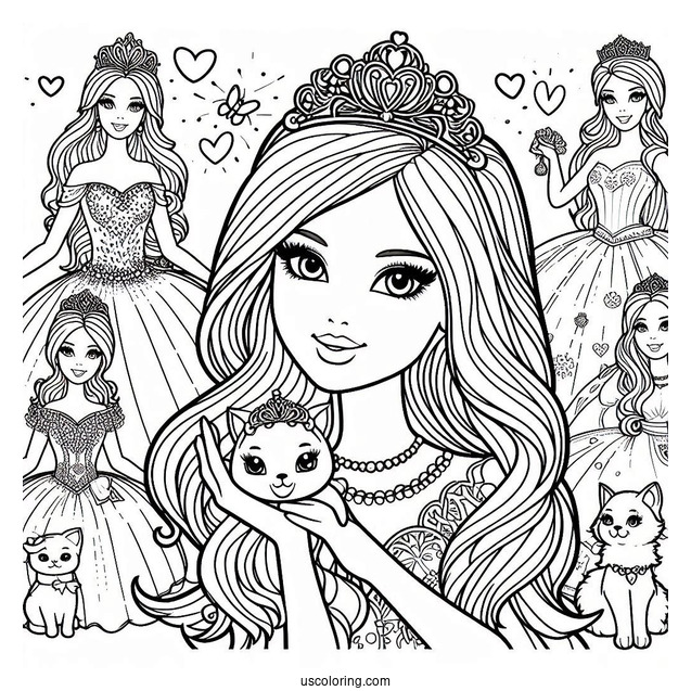 Princess Barbies With Cats Coloring Sheet