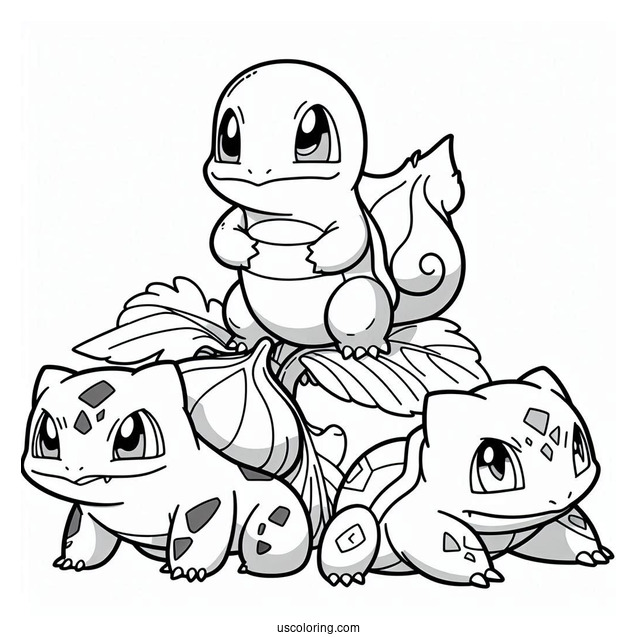 Bulbasaur Coloring Page Playing With Charmander And Squirtle