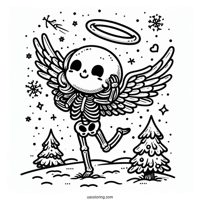 Skeleton Coloring Page Making Snow Angel On Christmas