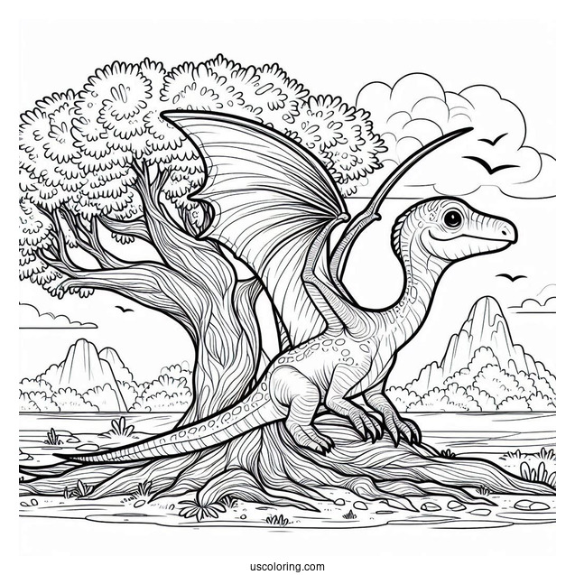 Pterodactyl Coloring Page Resting Beside Tree