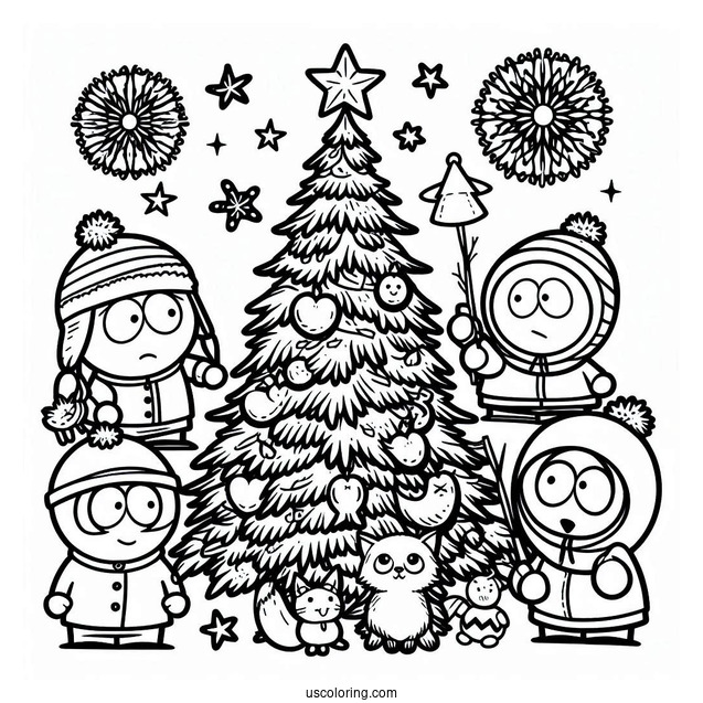 Detailed South Park Coloring Page Of Kyle, Kenny, Stan, And Eric Decorating Christmas Tree With Forest Animals