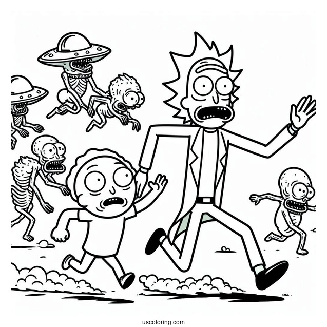 Rick And Morty Running From Aliens Coloring Page
