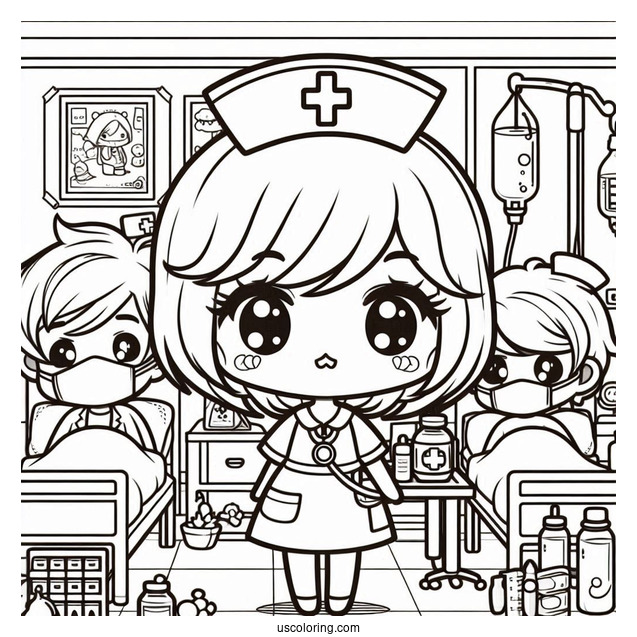 Chibi Coloring Page Nurse in a Hospital Room For Kids