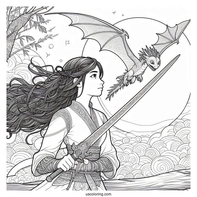 Raya And The Last Dragon Coloring Page Holding Her Sword With Sisu Flying In The Background