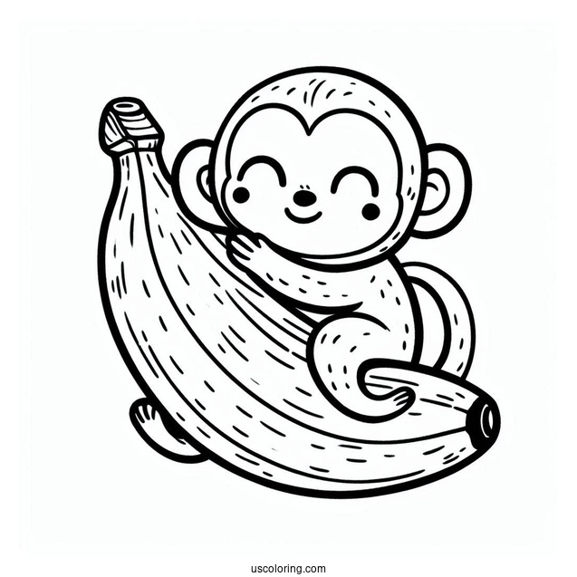 Cute Monkey Hugging A Large Banana Coloring Page