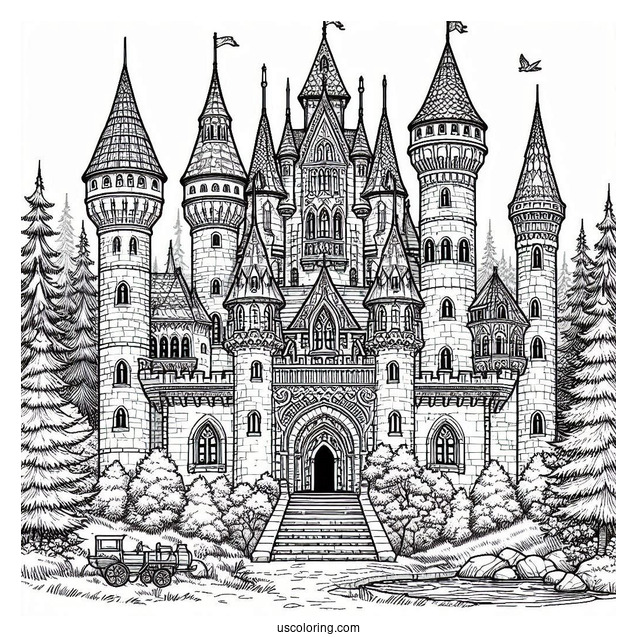 Detailed Medieval Castle Coloring Page In The Forest