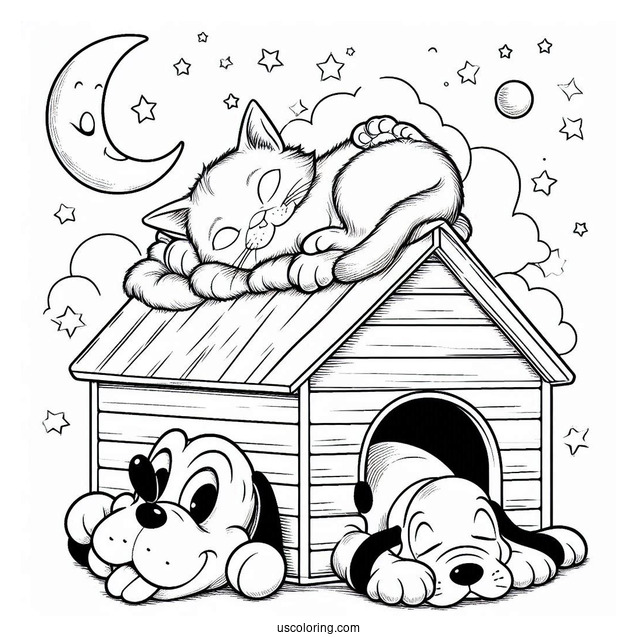 Cat Sleeping On Top Of Pluto Coloring Page In Dog House