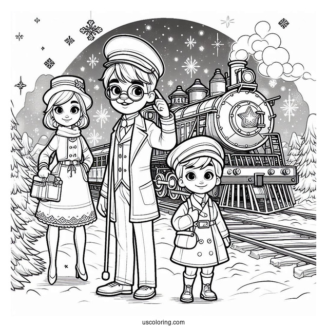 Conductor, Hero Boy, And Hero Girl In Front Of The Polar Express Coloring Page