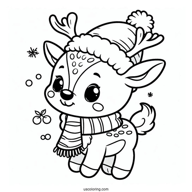 Easy Rudolph Coloring Page Wearing A Santa Hat And A Scarf