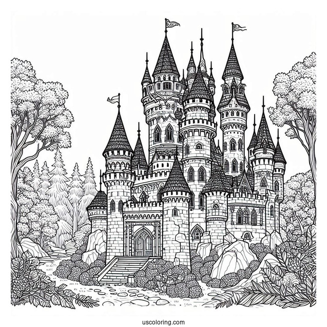 Detailed Medieval Castle Coloring Page In The Forest