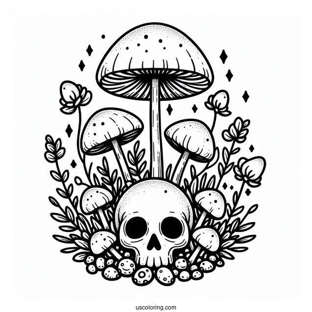 Mushroom Coloring Page Growing Around A Skull