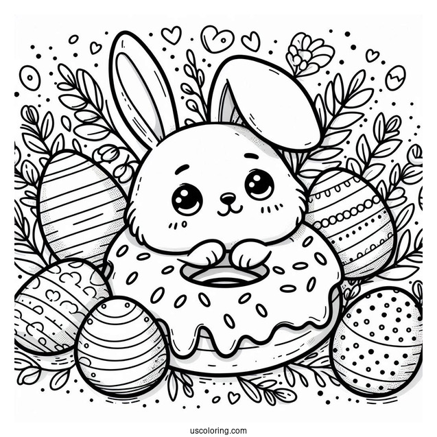 Easter Bunny Donut Coloring Page Surrounded By Eggs