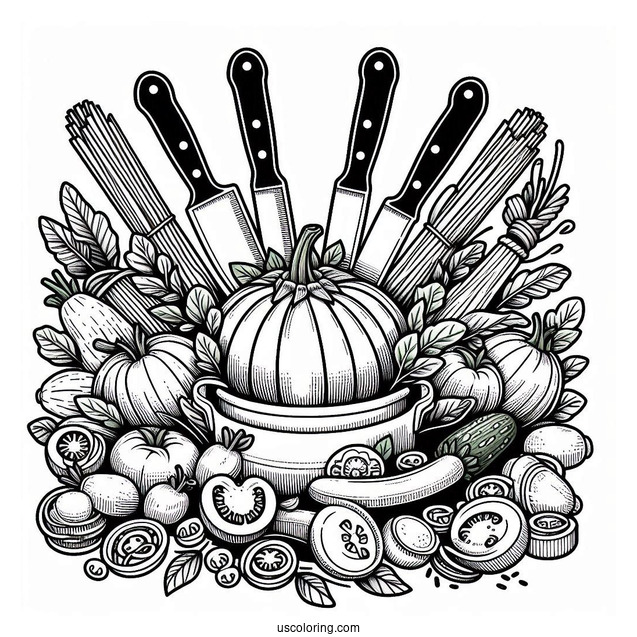 Ratatouille Coloring Page Surrounded By Kitchen Knives