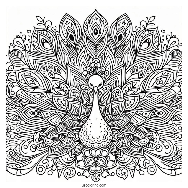 Peacock Coloring Page in Ornamental Mandala Style With Floral Pattern