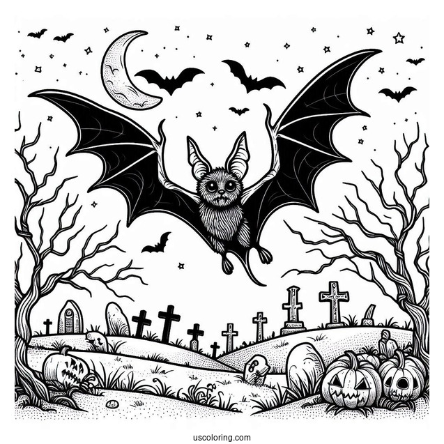 Creepy Bat Coloring Page Flying Over Graveyard On Halloween