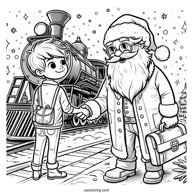 Polar Express Coloring Page Of Hero Boy Shaking Hands With Santa Claus