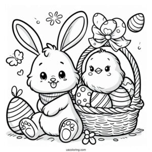 Cartoon Easter Bunny Coloring Page And Chick With Easter Eggs In Basket