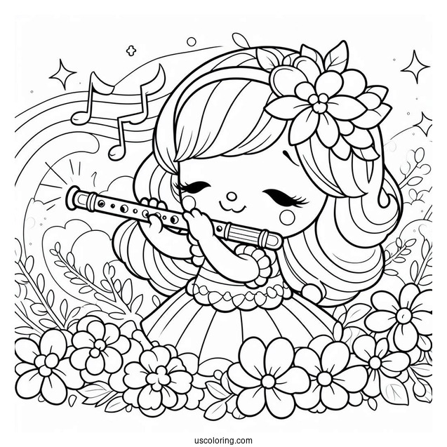 My Melody Coloring Page Playing Flower Flute While Rhythm Sings