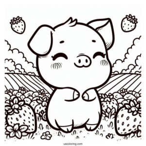 Kawaii Themed Pig In Field Of Strawberries