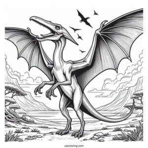 Scary Pterodactyl Coloring Page Standing On The Ground And Spreading Wings