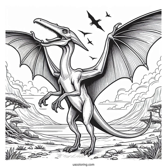 Scary Pterodactyl Coloring Page Standing On The Ground And Spreading Wings